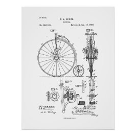 Antique Bicycle 1887 Penny Farthing Patent Tecknin Fototryck