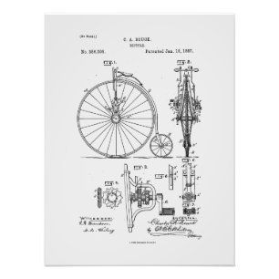 Antique Bicycle 1887 Penny Farthing Patent Tecknin Fototryck
