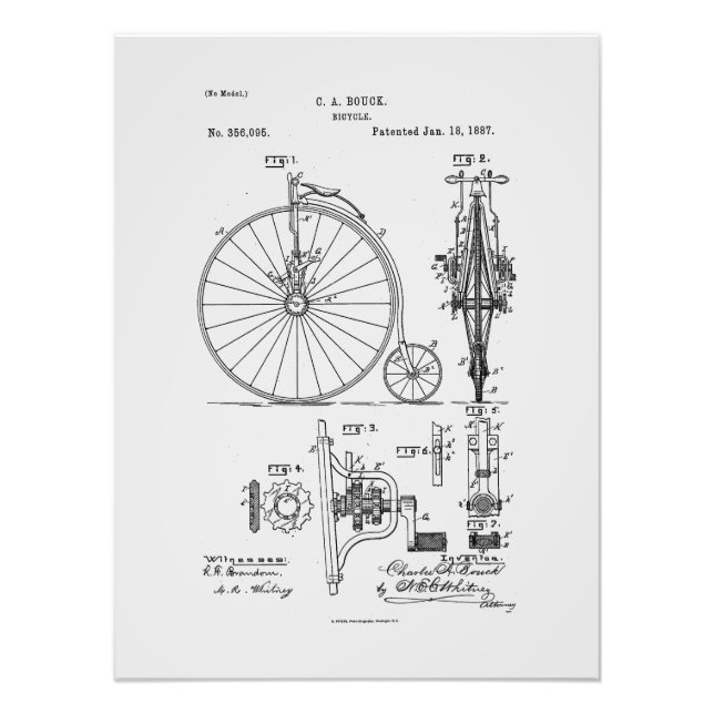 Antique Bicycle 1887 Penny Farthing Patent Tecknin Fototryck (Framsidan)