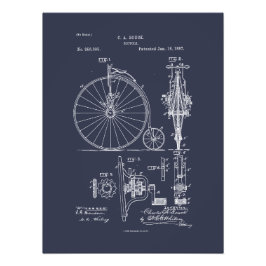 Antique Bicycle 1887 Penny Farthing Patent Tecknin Fototryck