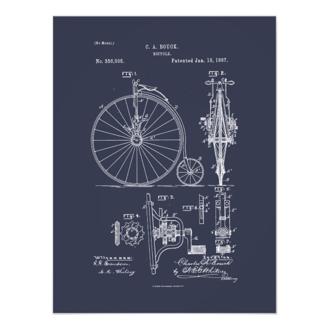 Antique Bicycle 1887 Penny Farthing Patent Tecknin Fototryck (Framsidan)