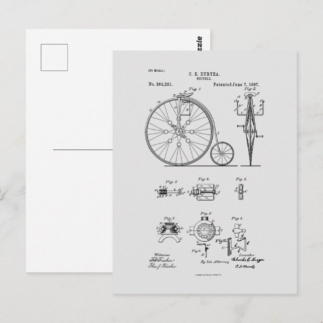 Antique Bicycle 1887 Penny Farthing Patent Tecknin Vykort (Fram/baksida)