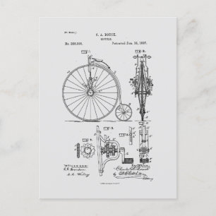 Antique Bicycle 1887 Penny Farthing Patent Tecknin Vykort