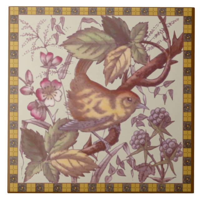 Antique Bird & Berries Transferware Tile Repro #2 Kakelplatta (Framsidan)