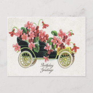 Antique Birthday Post Card-Rosa Violet Antique Car Vykort