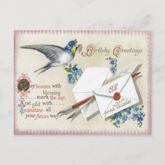 Antique Birthday Post Card-Victorian Blåa blommor Vykort