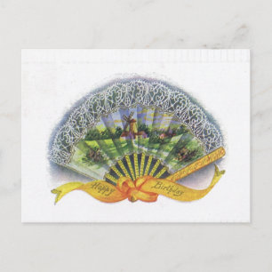 Antique Birthday Post Card-Victorian Fläkt, Kvarn Vykort