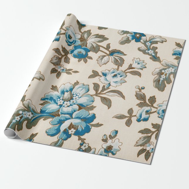 Antique Blåa blommor Blommigt Botanical Beige Presentpapper (Utrullad)