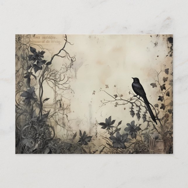 Antique Black Flowers Creepy Black Bird Halloween Helg Vykort (Framsida)