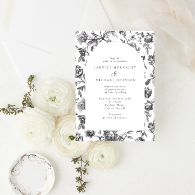 Antique Black & White Blommigt Toile Arch Bröllop Inbjudningar (Skapare uppladdad)