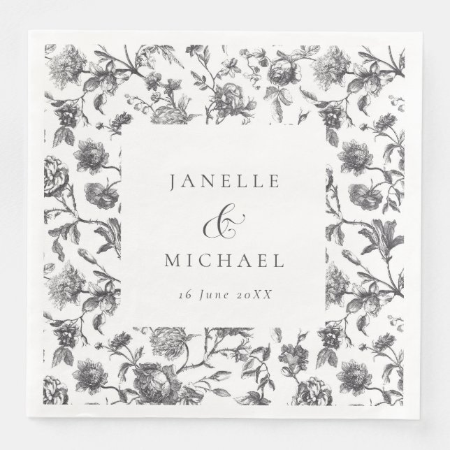 Antique Black & White Blommigt Toile Bröllop Pappersservett (Framsida)