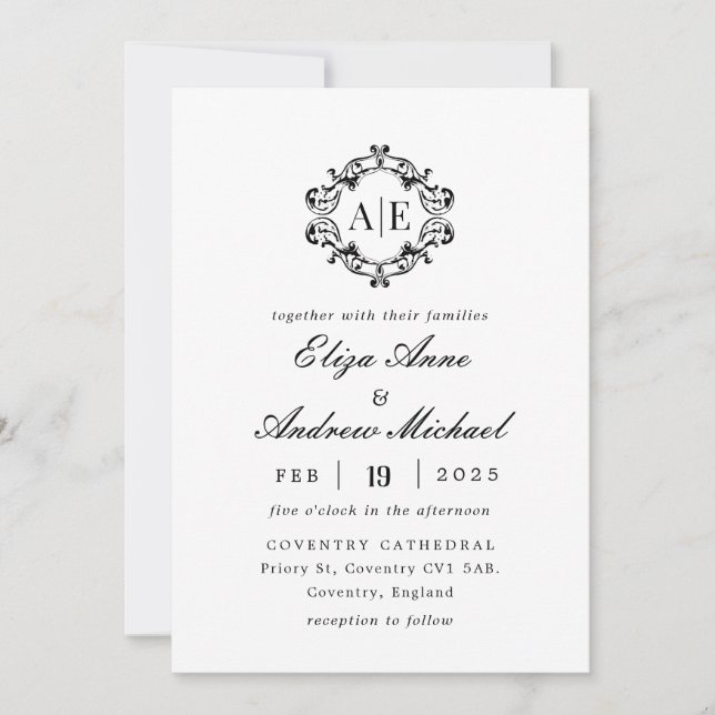 Antique Black & White Vapensköld Monogram Bröllop Inbjudningar (Framsida)