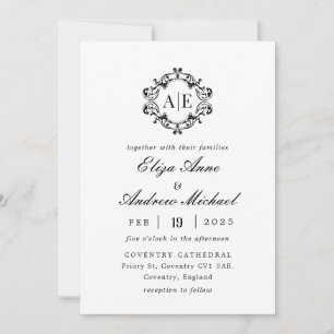 Antique Black & White Vapensköld Monogram Bröllop Inbjudningar