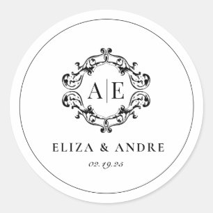 Antique Black & White Vapensköld Monogram Bröllop Runt Klistermärke