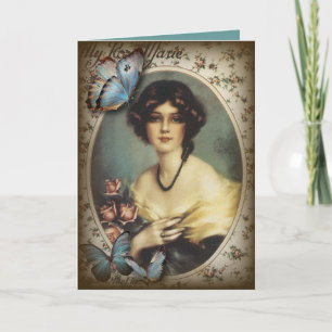 Antique Blommigt butterfly parisian Girl victorian Kort