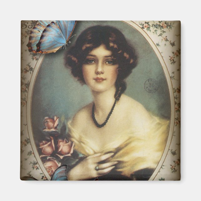 Antique Blommigt butterfly parisian Girl victorian Magnet (Framsidan)