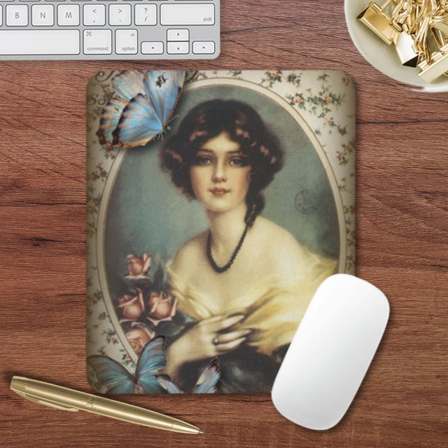 Antique Blommigt butterfly parisian Girl victorian Musmatta (Antique Floral butterfly parisian girl victorian Mouse Pad)