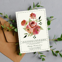 Antique Blommigt Rosa Evergreen Bouquet Bröllop Inbjudningar