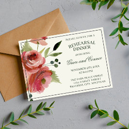 Antique Blommigt Rosa Evergreen Rehearsal Dinner Inbjudningar