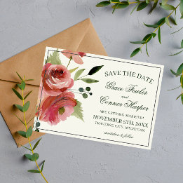 Antique Blommigt Rosa Evergreen Watercolor Bröllop Spara Datumet