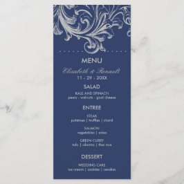 Antique Blue and Grått Blommigt Bröllop Menu Meny