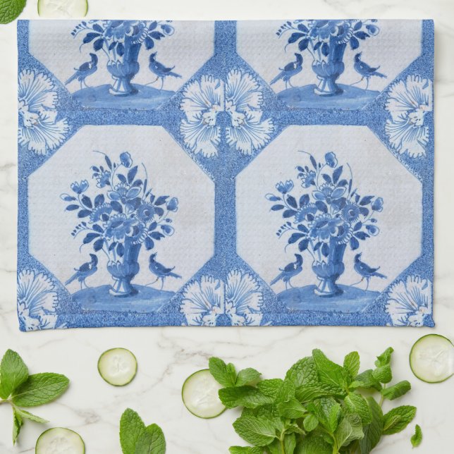 Antique Blue Birds Delft Blommigt Kitchen Towels Kökshandduk (Vikta)