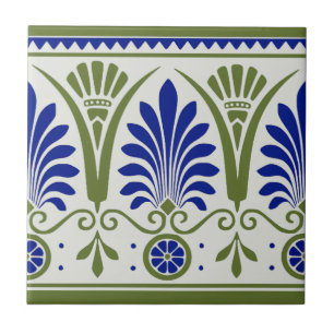 Antique Blue Grönt Palmette Deco Gräns Tile Repr Kakelplatta