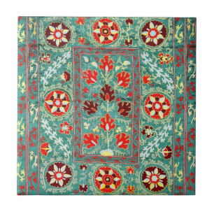 ANTIQUE BLUE RED WHITE BLOMMIGT UZBEK EMBROIDERY KAKELPLATTA