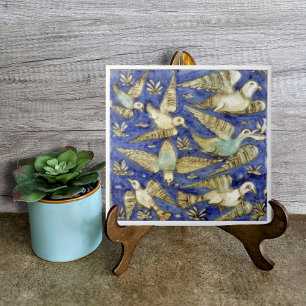 Antique Blue Sea Birds Gull Pelican Fiskmås Kakelplatta