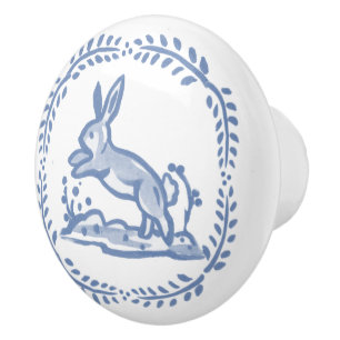 Antique Blue White Rabbit Delft Dedham Knopp