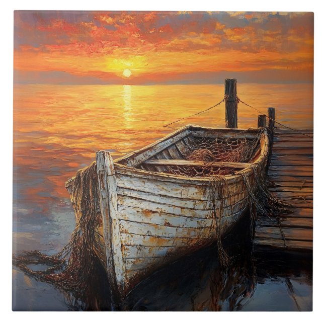 Antique Boat Fishing Nets by the Dock Kakelplatta (Framsidan)