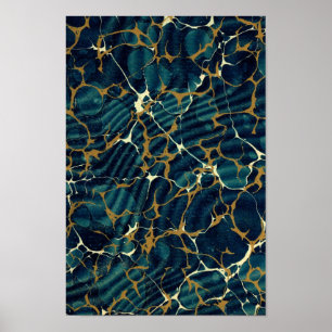 Antique Bookbindning Marcular Endpaper Blue Marbli Poster