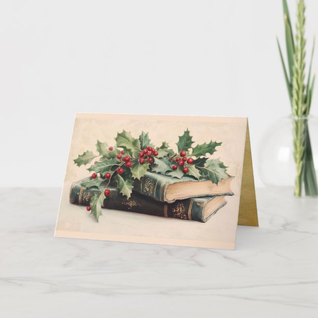ANTIQUE BOOKS WITH HOLLYBERRIES Vintage Christmas Helgkort (Framsida)