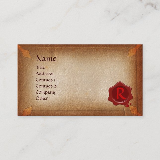 ANTIQUE BROWN PARCHMENT, RED VAX SEAL MONOGRAM VISITKORT (Framsida)