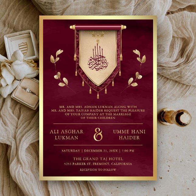 Antique Burgundy Guld Rulla Muslim Bröllop Inbjudningar (Skapare uppladdad)