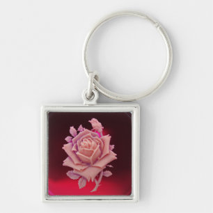 ANTIQUE CAMEO / BEAUTIFUL ROSA ROS ,Red Burgundy Fyrkantig Silverfärgad Nyckelring