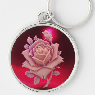 ANTIQUE CAMEO / BEAUTIFUL ROSA ROS ,Red Burgundy Rund Silverfärgad Nyckelring