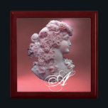 ANTIQUE CAMEO,DAM MED DRUVMONOGRAM MINNESASK<br><div class="desc">Elegant gammaldags kammeojuvel med en vacker kvinnprofil med långa hår som prydts med druvor och druvor för vinodling med rosa gem-sten.</div>