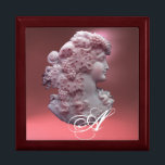 ANTIQUE CAMEO,DAM MED DRUVMONOGRAM MINNESASK<br><div class="desc">Elegant gammaldags kammeojuvel med en vacker kvinnprofil med långa hår som prydts med druvor och druvor för vinodling med rosa gem-sten.</div>