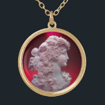 ANTIQUE CAMEO, DAM MED DRUVOR OCH GRAPEVINER GULDPLÄTERAT HALSBAND<br><div class="desc">Yvel av typen cammeo jewel med en vacker kvinnoprofil med långa hår,  med ornamerade druvor och grapeviner för vinodlingskörd</div>