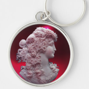 ANTIQUE CAMEO, DAM MED DRUVOR OCH GRAPEVINER RUND SILVERFÄRGAD NYCKELRING
