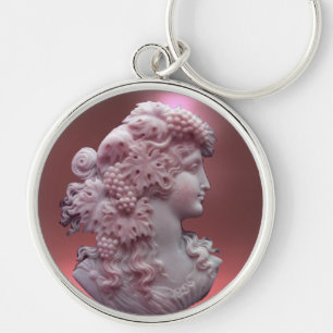 ANTIQUE CAMEO, DAM MED DRUVOR OCH GRAPEVINER RUND SILVERFÄRGAD NYCKELRING