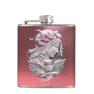 ANTIQUE CAMEO,MÅNE DAM KVÄLL MED UGGLA MONOGRAM FICKPLUNTA