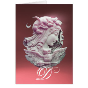 ANTIQUE CAMEO,MÅNE DAM KVÄLL MED UGGLA MONOGRAM HÄLSNINGSKORT