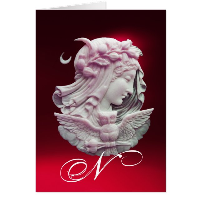 ANTIQUE CAMEO,MÅNE DAM KVÄLL MED UGGLA MONOGRAM HÄLSNINGSKORT (Framsidan)