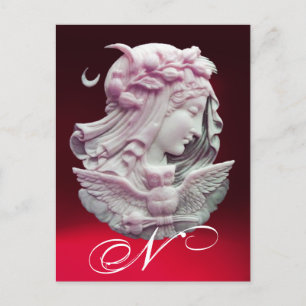 ANTIQUE CAMEO,MÅNE DAM KVÄLL MED UGGLA MONOGRAM HELG VYKORT