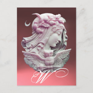 ANTIQUE CAMEO,MÅNE DAM KVÄLL MED UGGLA MONOGRAM HELG VYKORT