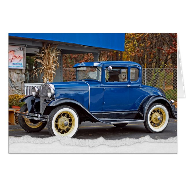 Antique Car by Middag with Bichon Frise Hund Hälsningskort (Framsidan Horizontal)