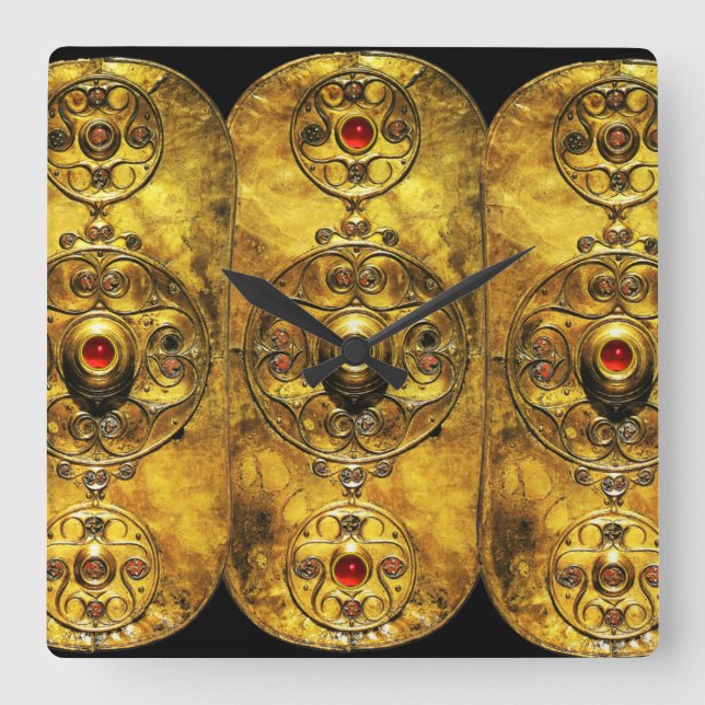 ANTIQUE CELTIC WARRIOR SHIELE MED RUBY GEMSTONES FYRKANTIG KLOCKA (Framsida)