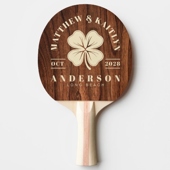 Antique Cherry Wood Irish Clover Wedding Crest Pingisracket (Framsidan)